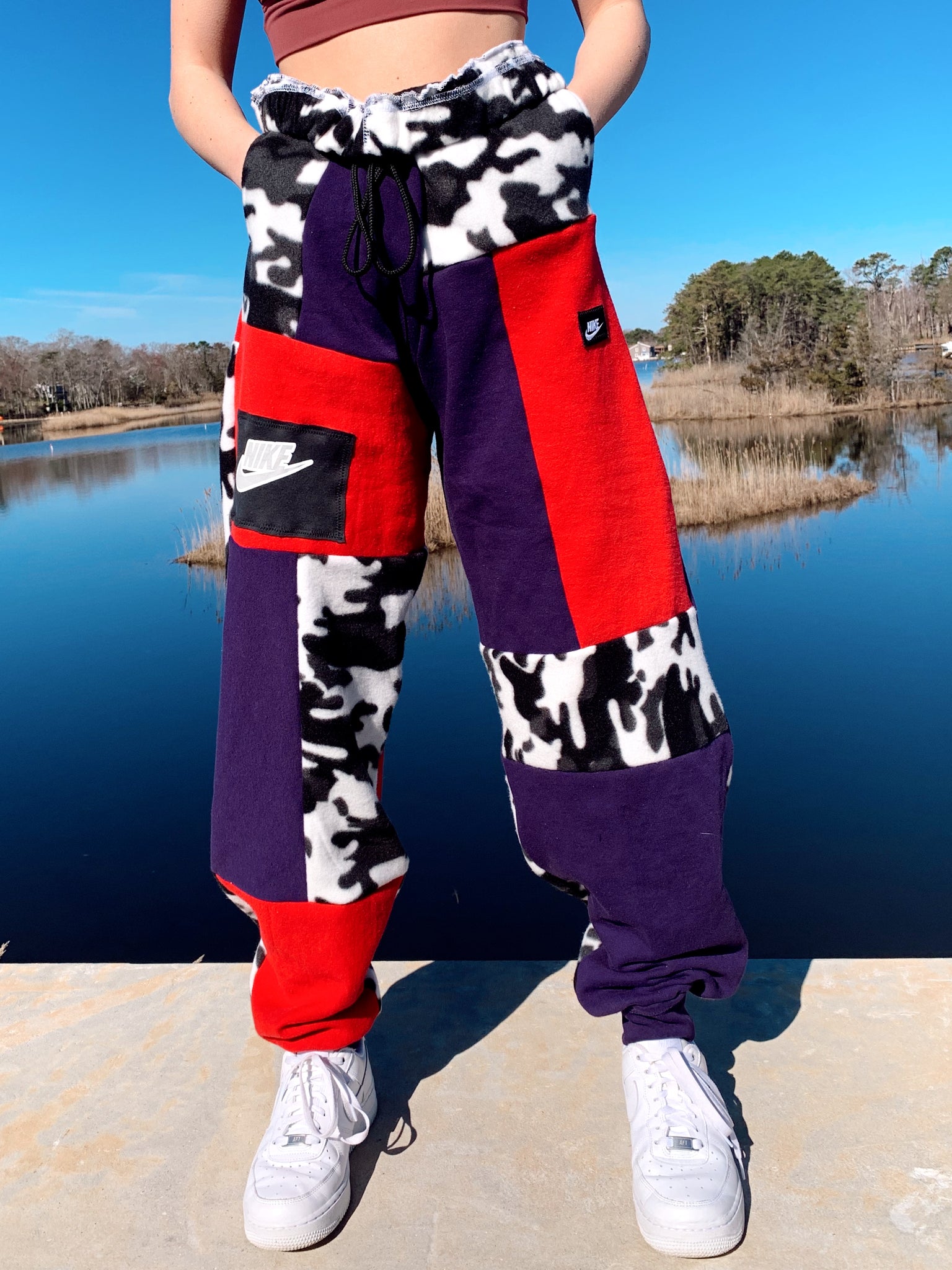 red/purple/camo nike patchwork sweats