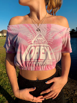 pink obey off the shoulder scrunch top