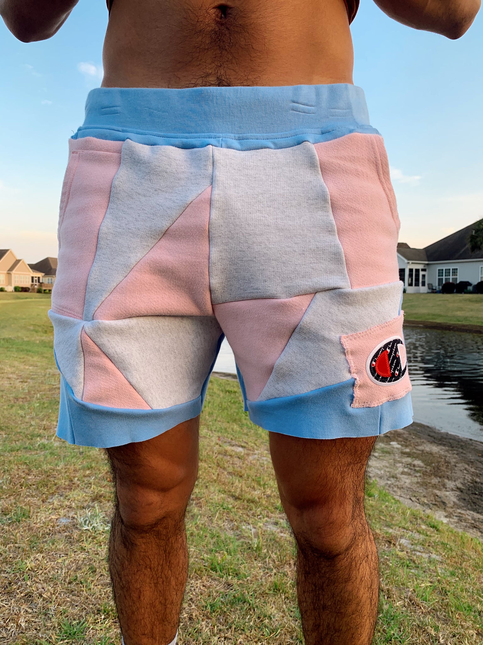 ‘fine line’ champion patchwork shorts