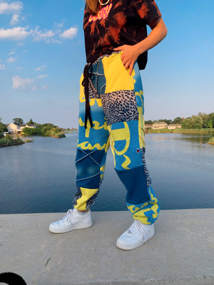 blue and yellow champion patchwork sweats