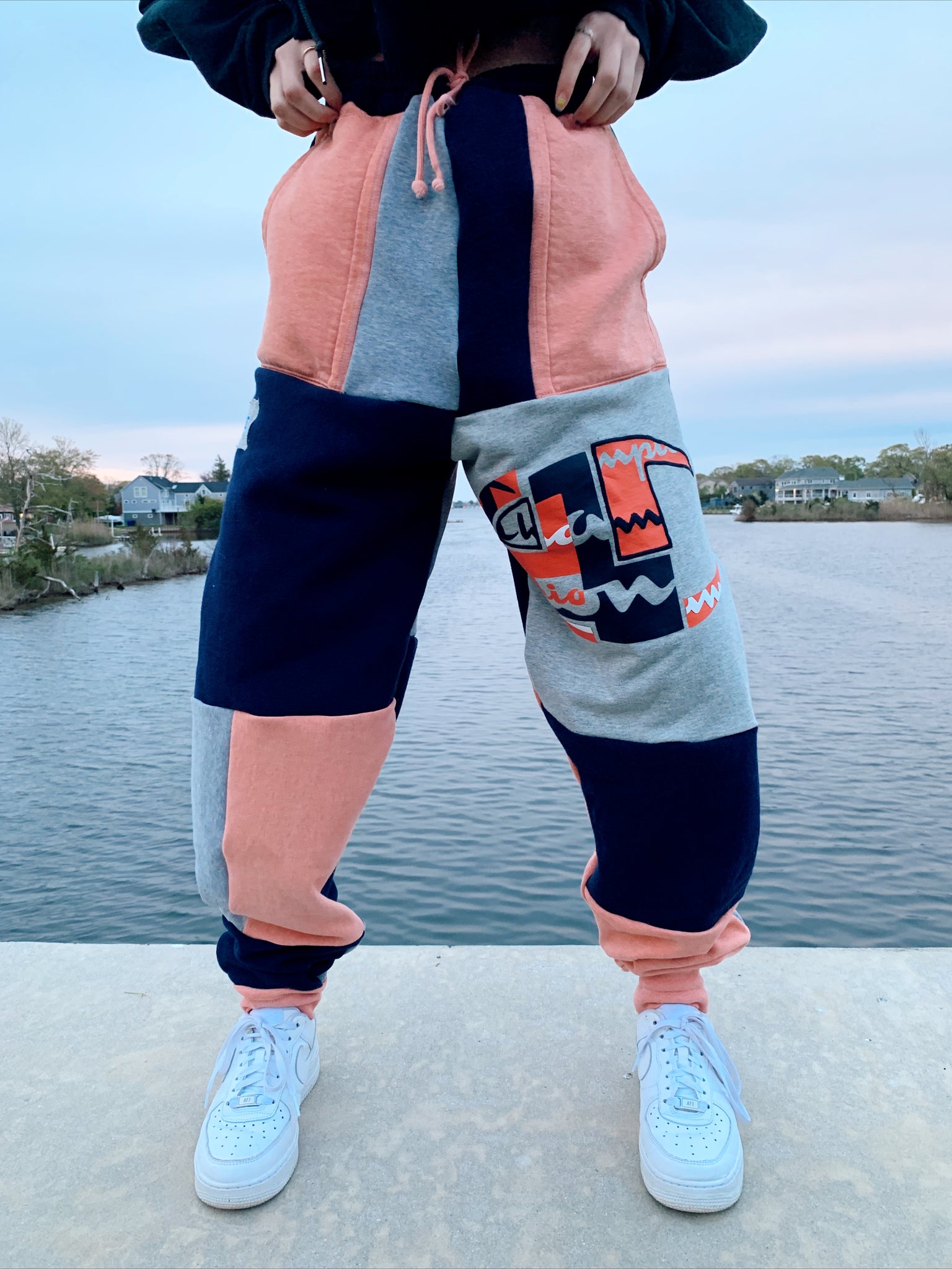 orange & navy champion patchwork sweats