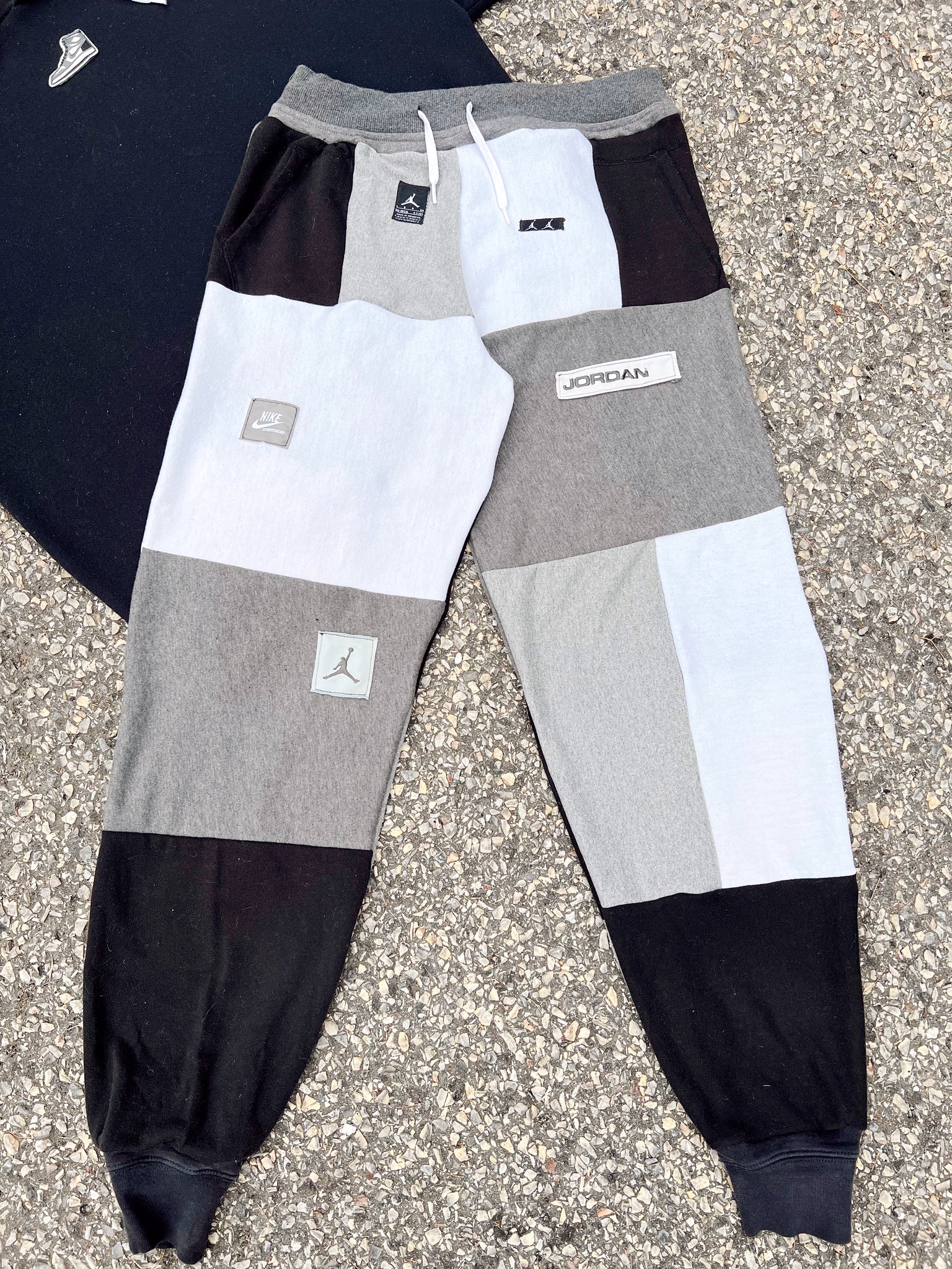 grayscale patchwork sweats
